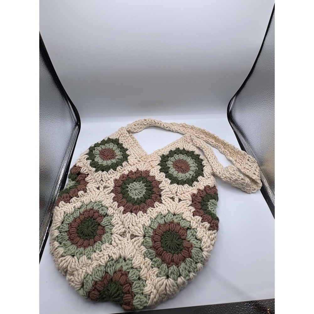 Handmade Crochet Granny Square Sunflower Tote Bag Boho Earth Tones Green Brown